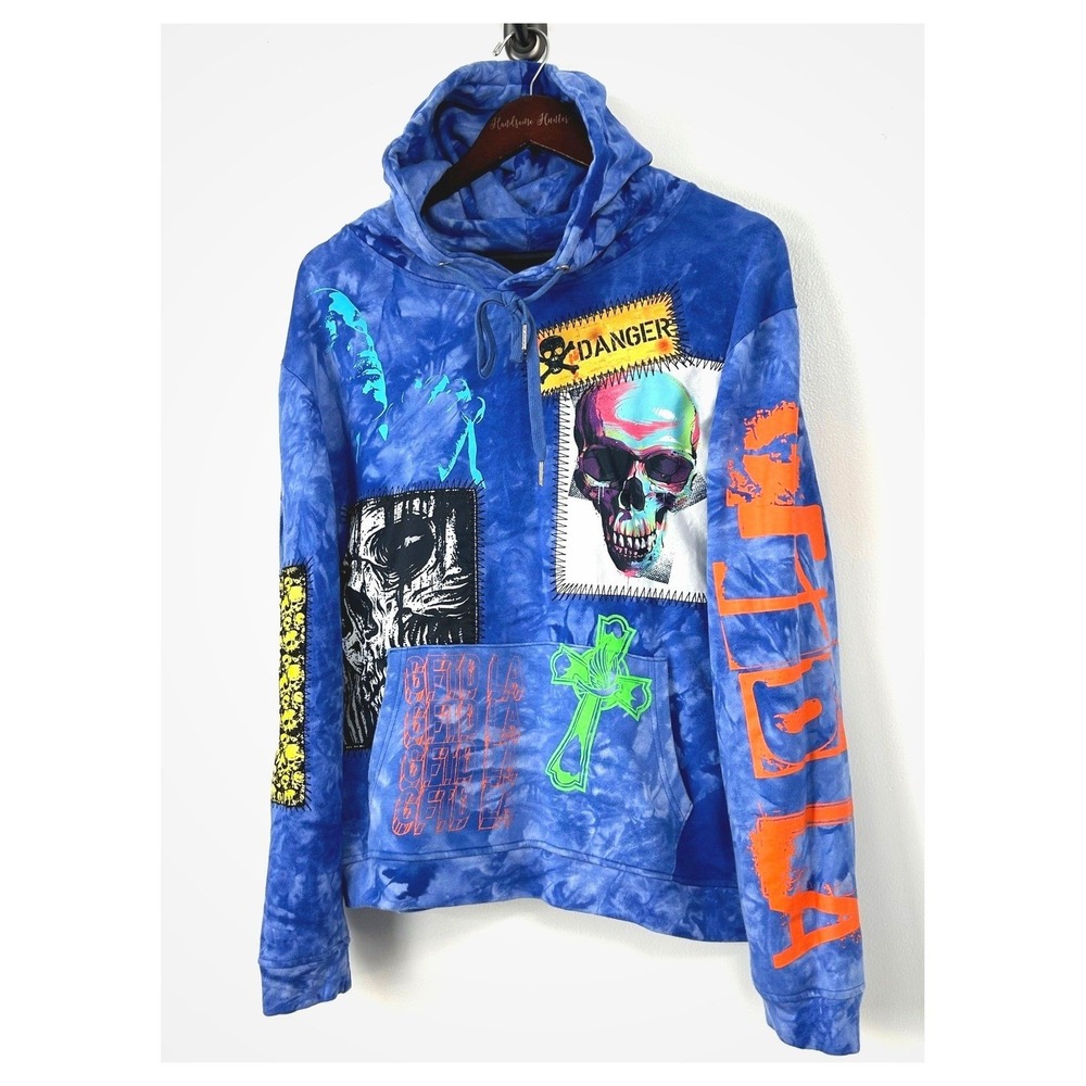 GFTD Los Angeles Hoodie Mens M Blue Tie Dye EUC Graphic Patch Skull‎ Streetwear
